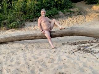 sitting on a washed up tree on the beach of the creek so we couldn\'t resist a photo op lol how many of you want to sit on a log on a Creekbank with us?