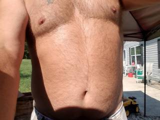 just sweating while working outside enjoying see my wife tanning hehe