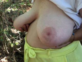 Lovely shorts, and holding up lovely tits, in woodland on a sunny afternoon