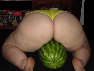 The  feeling my pussy gets sliding across this big melon, Mmmmm!!
