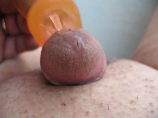 Small Asian cock, shaved, being vibrated with a clit vibrator with oozing precum