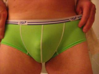 I slipped into a pair of new and unexpectedly sexy men\'s undies to see how they look and feel while gently but safely cradling my cock and balls...so far, so good.