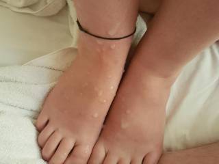 Hubby cum all over my feet! Would you add to it?