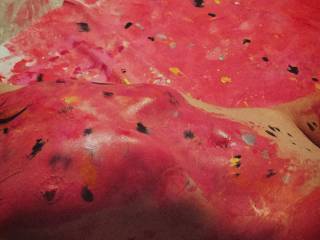 We made a painting for the bedroom by having sex on a canvas covered in paint. Here\'s a behind the scenes shot. Should we make another video with the art in frame so y\'all can see it?