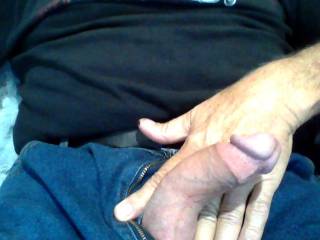 Half my drooping dick protruding out fly, want to help me make it hard?