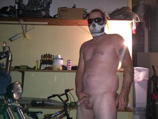 Out in the garage naked with my mask on