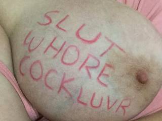 Its all true.  My lady is a big titted, mature, slut, whore, cock lover.  Suck this huge tit and ill take the o her one