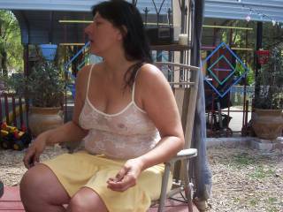 In the yard talking with hubby and friends