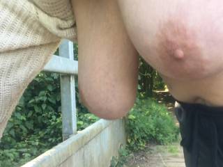 Hanging her big tits, bending on a metal footbridge along a path over a stream