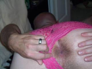 spreading cheeks while wearing wifes pink panties