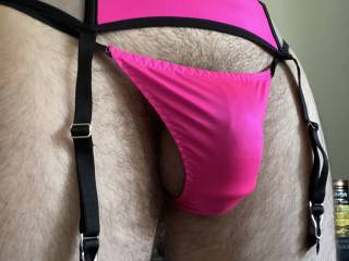 Pink satin VS garter belt & v-string
