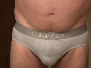 Me in a grey men\'s nylon low rise brief with some cum stains