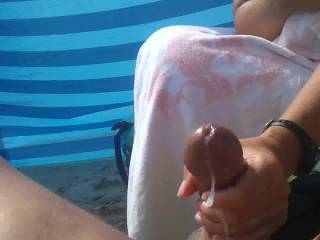 Wife jerking my big cock off again at the nude beach, big cumshot, so good, let me know what you think