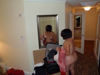 Weekend getaway at a luxury resort.  Hubby took this candid pic of me getting ready for a shower before we went out to dinner.