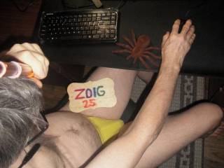A partial body selfie as I wear my undie as I sit at my PC/desk. A Sony W290 camera was used.