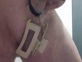 My Double Cock Ring and Balls Clamped With a Big Hair Clip.....💦👅😛😜😋👍