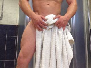 Just got out of the shower at gym, hiding my big boy behind that towel