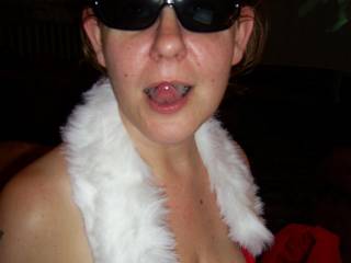 This is Mrs Santa getting ready for a hard time - she got the shades on so she don\'t get blinded by the \'white\' stuff......