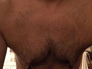 Weights are pulling them down and it feels excruciatingly good. 😊 You could yank on them, I may explode onto your lap! You would feel the warm cum from my cock spirting and dripping onto you as you tug on these clamps. No mercy keep pulling after I cum