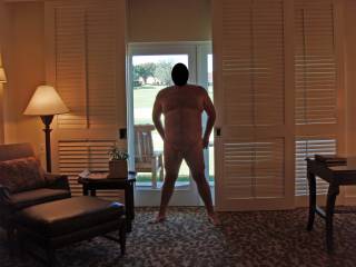 Weekend getaway at a luxury resort.  Hubby posing nude for me!  I saw some ladies outside and told hubby to open the door!