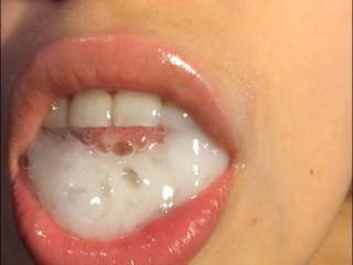 Playing with all that cum in my mouth before swallowing the incredible sweet load