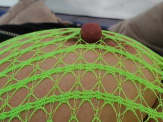 Wife's hard nipples poking through her mesh shirt