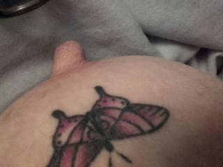 Sally's left tit butterfly tattoo with a discreet secret incorporated.