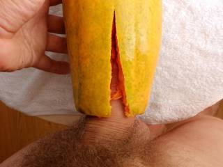 I take what I find: this fruit didn't resist long - but the fleshy feeling was incredible!
Any girls want to taste my cock after this?