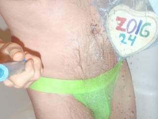 Taking a selfie in my shower and still wearing the lime undie. TG 810 camera is used.
