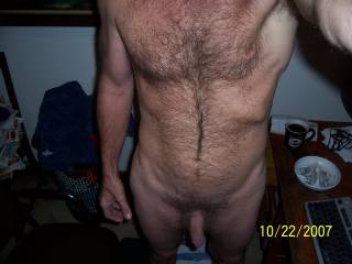 Nice body and nice cock there stud! Love that hairy chest and crotch!