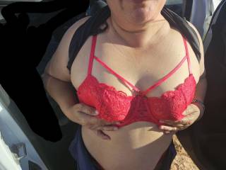 Wife showing off outdoors