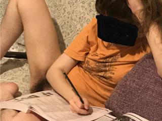 My girlfriend love to show her hairy bush during study