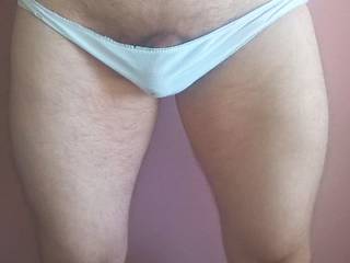 Wife's old white panties, a little loose, but still tight in the crotch area :)