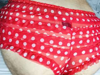 I borrowed my wife’s red spotty frilly panties. What do you think? X Kimmi