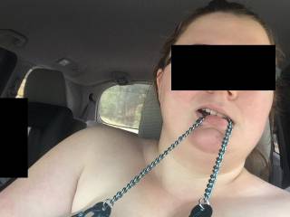 kitten with her tits in clamps on the road...