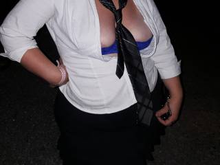 Wife's sexy girl outfit at bike week showing a little more of her sexy bra and tits