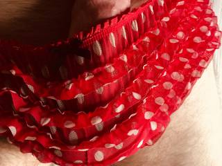 Red and white polka dot frilly panties. Do you approve? X