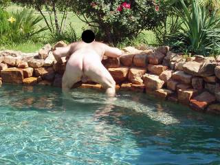 Hubby naked and nervous in our pool...our female neighbor was in her back yard with her female friends and hubby\'s cock was open for display!  I wonder if they got a look?  It made me wet and horny for sure seeing my man naked and vulnerable!!!