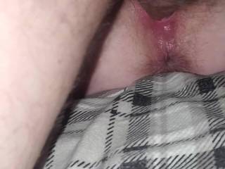 Sharing the wife's hairy pussy with our little dick friend