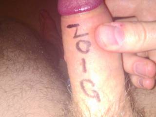My dick with the incredible 'Zoig' scribed on its length.