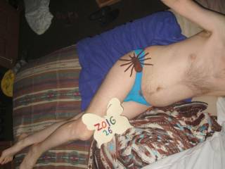 A partial body selfie of me wearing my undie on my bed...You don`t see the selfie stick, but, my right arm is raised. 1 of 2 Sony W290 camera`s was used.