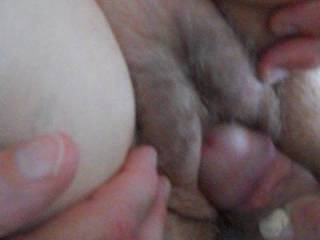 fucking, rubbing her clit then spreads wide for cum. Does she make you cum too?