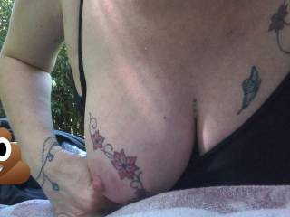 While she is out, Sally takes the opportunity to flash her tits in a busy public  park.
