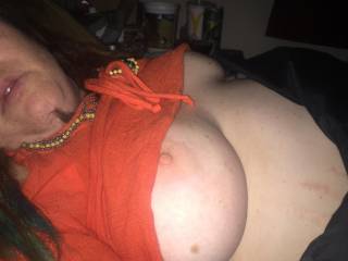 My big tits hanging out after 3 loads in my pussy. I\'d take one on them.
