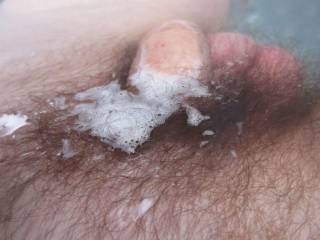 A close up of my small dick as I take a bath with 'sensation'[white stuff floating] bath gel in April of 2023. Camera used C300.