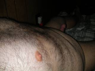 My nipple and penis exposed. With my hairy chest waiting for sex partner to retun for cigarette fetish.