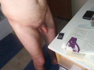A standing frontal near my bathroom counter with an old adult reading article about 6 pages long plus grape colored ink sexual drawings in November of 2023. Camera used, H90 by Sony.