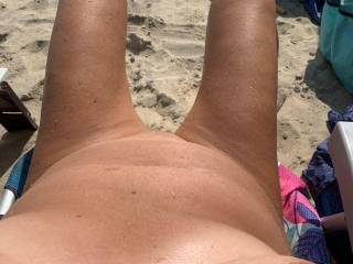 Naked beach fun waiting for another female or couple to rub me down with some suntan lotion so my privates won\'t burn!