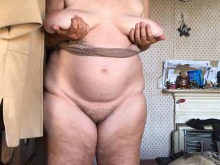 3 of 4 - he asks if she can give some poses holding her big tits ... spread apart