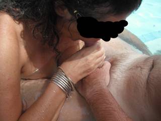 Fun in the swimming pool at home with our swinger friend, when he came around for a threesome.